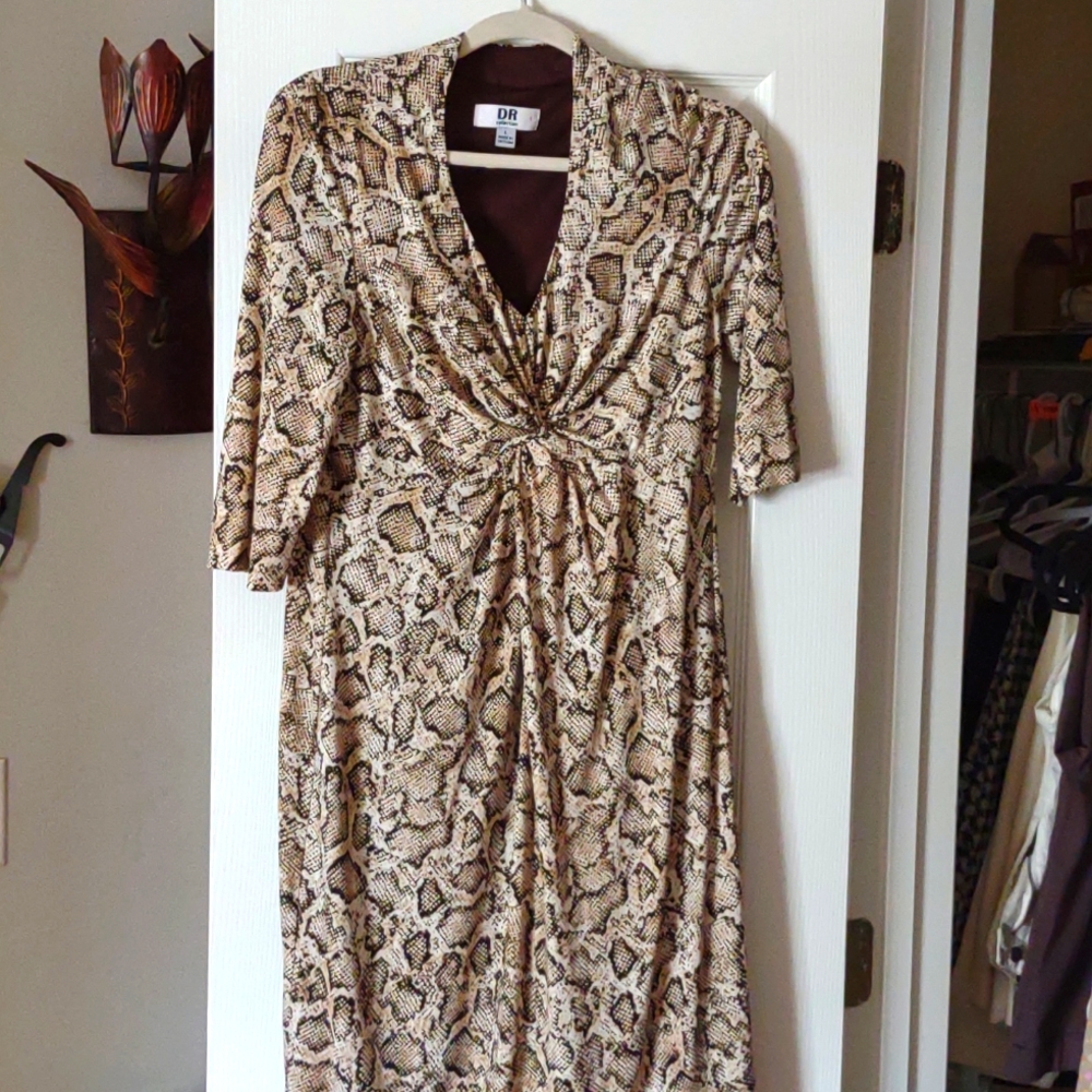 Snake Print Dress~L by DR Collection in Beige, Cream,& White